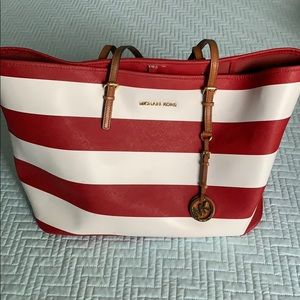Red and White Striped Michael Kors Tote